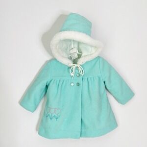Vintage Sears Hooded Coat Aqua Blue Heart Embroidery Baby 18mo 2T Fleece Cozy